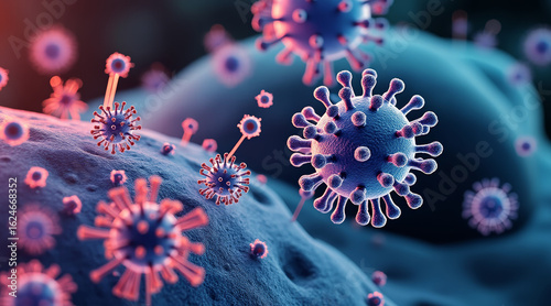 RSV concept ,Viruses attacking cell surfaces, showcasing intricate details and vibrant colors, evoke sense of scientific