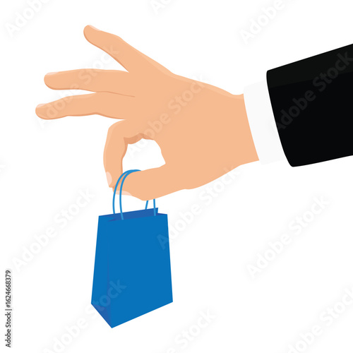 Businessman hand holding blue paper shopping bag