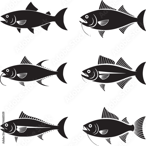 Vector art of six different fish species in black silhouette isolated on white background for design elements