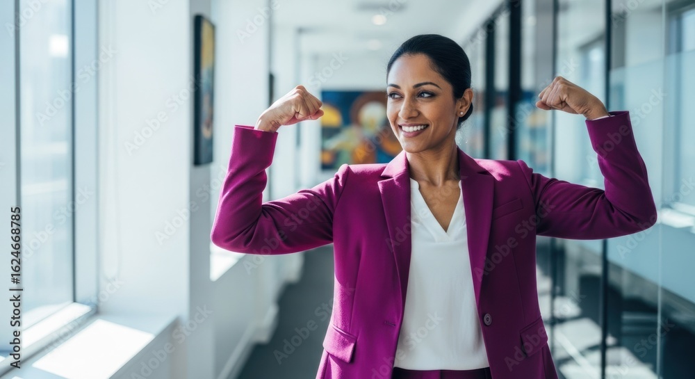 Fototapeta premium Confident woman in business suit flexing in modern, bright office