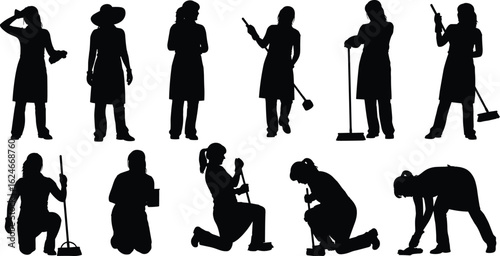 Silhouettes of women cleaning, housekeeping tasks, domestic chores, janitorial work, sweeping, mopping, dusting, isolated on white background, stock photo