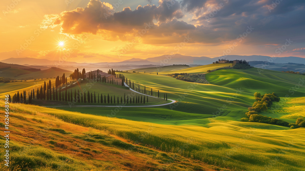Fototapeta Midjourney Bot
APP
 — 7/30/25, 4:28 PM
Tuscany, rural sunset landscape. Countryside farm, white road an. Countryside farm, cypresses trees, green field, sun light and cloud. Volterra, Italy, Europe