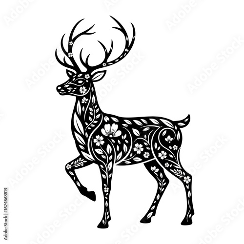 Ornate Floral Decorated Deer Silhouette.