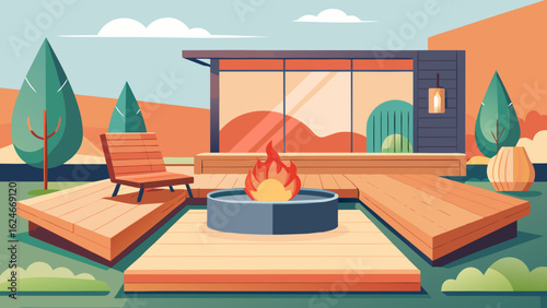 Vector art of minimalist home with a wooden deck featuring a central fire bowl and surrounding seating, nestled in a garden with trees and grass