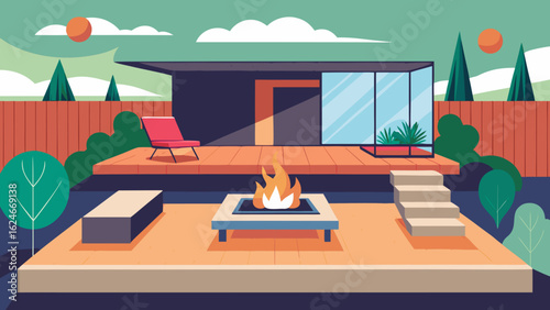 Vector art of contemporary residence with a wooden terrace, fire pit, and outdoor seating, set against a backdrop of trees, fence, and orange sun
