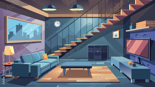 Vector art of stylish modern living room featuring blue sofas, a coffee table, tv, and a prominent staircase, embodying contemporary home interior design