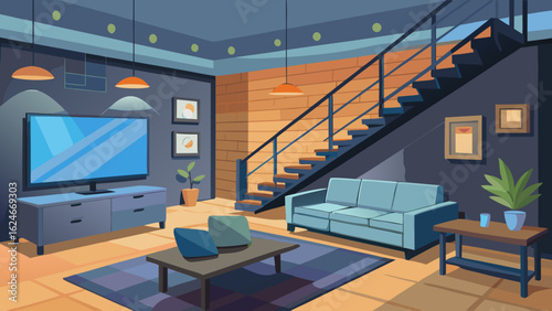 Vector art of modern living room interior with a sofa, coffee table, rug, television, and staircase, creating a cozy and stylish home atmosphere