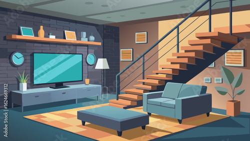 Vector art of elegant modern living room interior with a sofa, armchair, coffee table, and staircase, contemporary home decor and furniture arrangement