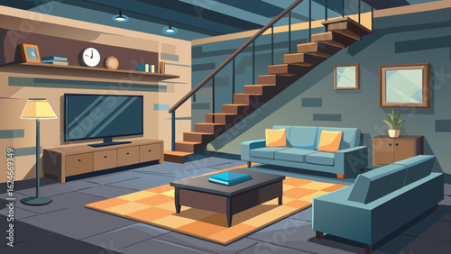 Vector art of charming living room with a blue sofa, coffee table, tv, and a wooden staircase, offering a warm and inviting atmosphere for relaxation