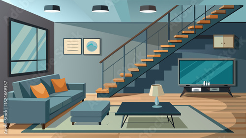 Vector art of stylish modern living room interior featuring a blue sofa, ottoman, coffee table, television, and staircase, perfect for home entertainment