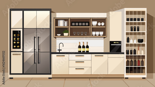 Vector art of stylish kitchen design showcasing a large refrigerator, wine cooler, integrated oven, and open shelving with various kitchenware and bottles