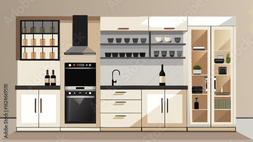 Vector art of contemporary kitchen layout featuring builtin ovens, a sleek hood, a modern sink, and extensive cabinetry with glassfronted shelves displaying glassware