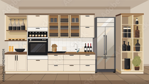 Vector art of modern kitchen interior with cream cabinets, stainless steel appliances including a refrigerator and oven, wooden countertops, and shelves stocked with wine bottles and glassware