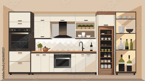 Vector art of stylish contemporary kitchen featuring cream cabinetry, integrated appliances like an oven and refrigerator, dark wood accents, and open shelving displaying decorative items