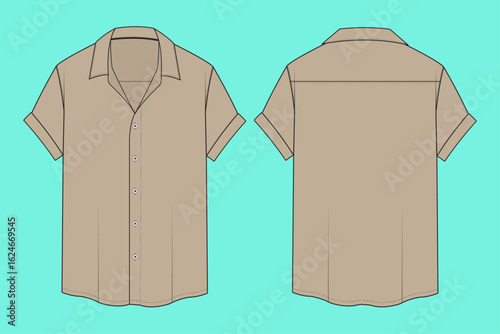 Men's Short Sleeve Button Down Casual Design Formal Shirt Technical Drawing Fashion Flat Sketch Outline CAD Mockup.