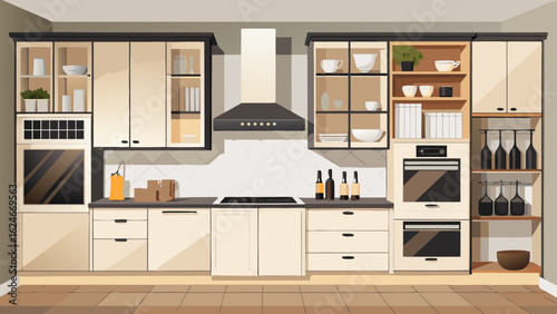 Vector art of modern kitchen interior with cream cabinets, stainless steel appliances, and ample storage, showcasing contemporary home design and functionality