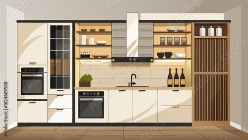 Vector art of stylish contemporary kitchen featuring cream and wood cabinetry, integrated appliances, and open shelving, perfect for modern living and entertaining