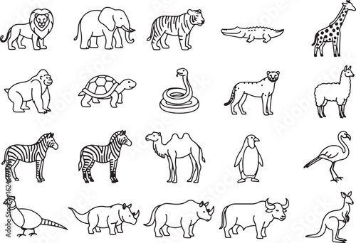 Lion elephant tiger crocodile giraffe gorilla tortoise snake cheetah llama zebra camel penguin flamingo, lion, elephant, tiger, crocodile, giraffe, gorilla, tortoise, snake, cheetah, llama, zebra, cam