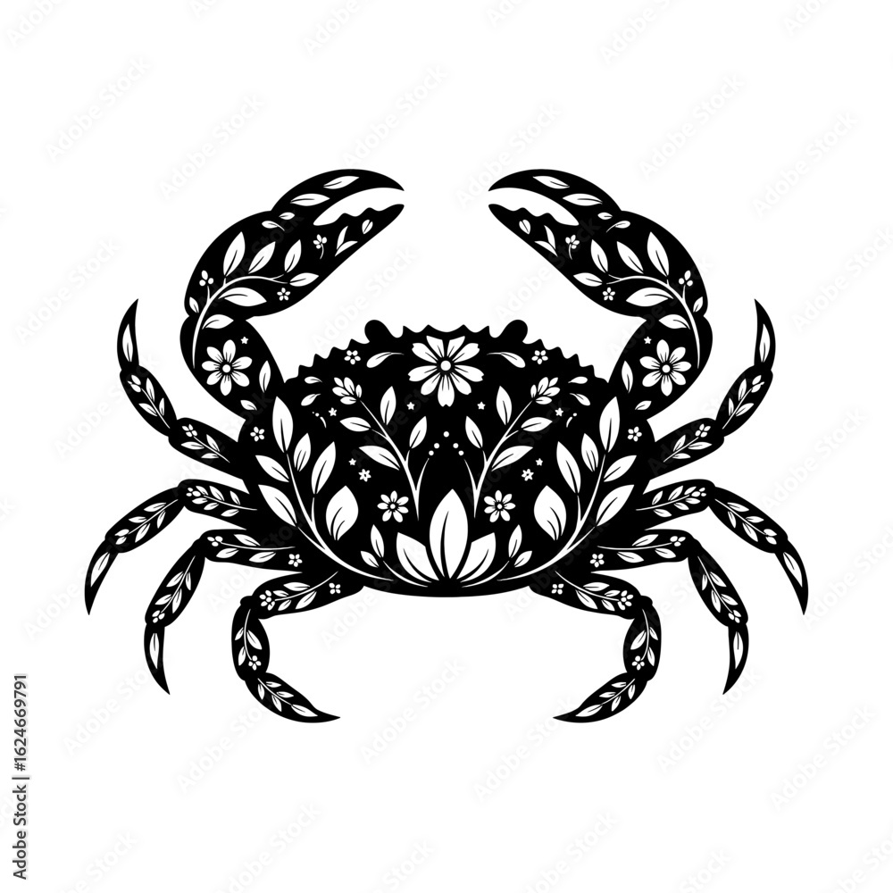 Fototapeta premium Ornate Floral Crab Silhouette with Intricate Botanical Details.