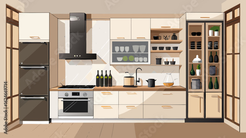 Vector art of sleek and modern kitchen with integrated appliances, including a range and refrigerator, complemented by ample storage, wine bottles, and a clean aesthetic