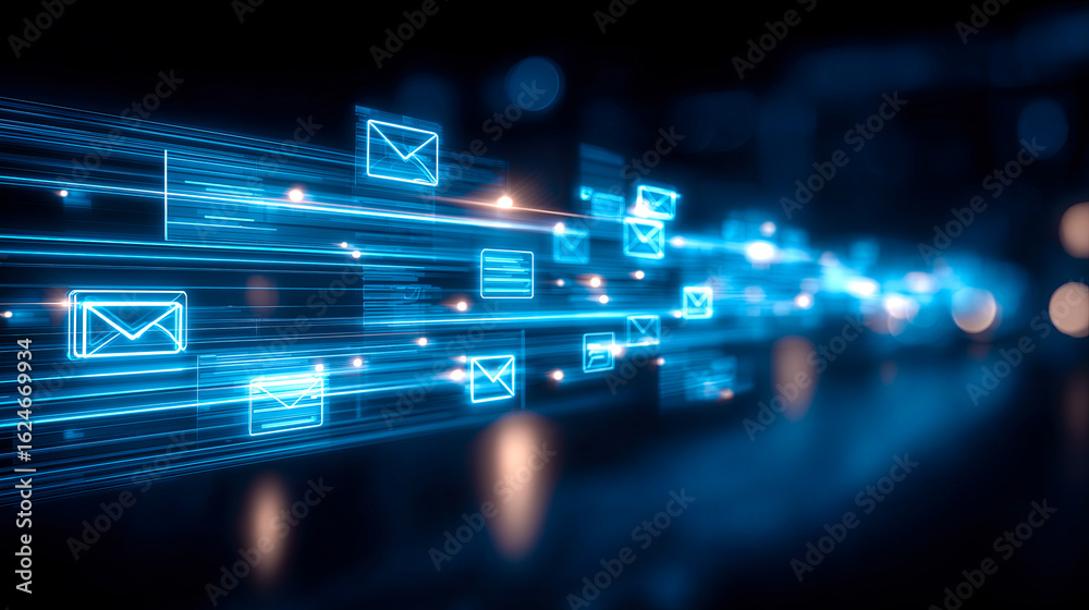 Obraz premium A digital inbox interface floats in a dark, futuristic environment.
