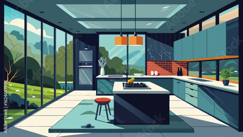 Vector art of stylish contemporary kitchen featuring dark teal cabinets, a central island, and floortoceiling windows showcasing a vibrant green landscape and trees