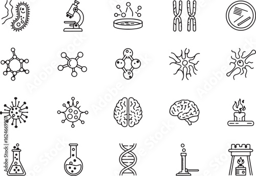 Science and biology icons laboratory research, science, biology, laboratory, research, medical, health, cells, molecules, dna, chromosomes, brain, virus, bacteria, microscope, petri dish, flask, burne