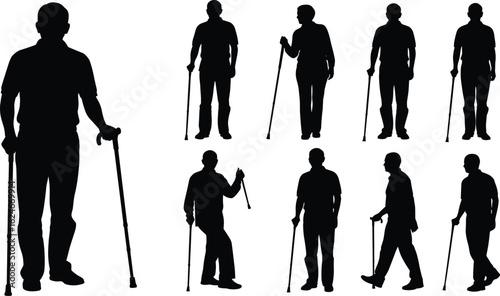 Silhouette of elderly man walking, cane support, senior mobility, black figure, health aid, wellness concept, multiple poses, stock photo, isolated