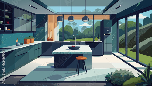 Vector art of modern minimalist kitchen interior with sleek dark cabinets, a central island with a marble countertop, and large windows offering a lush green nature view