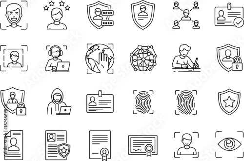 Security and identification icons face recognition, security, identification, icons, face recognition, fingerprint, password, network, data, protection, shield, lock, certificate, document, eye scan, 