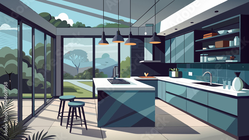 Vector art of elegant modern kitchen with teal cabinetry, a spacious island with seating, and expansive glass walls providing panoramic views of a serene natural landscape