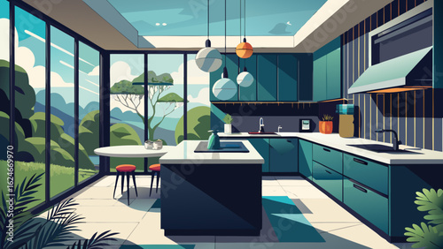 Vector art of modern minimalist kitchen interior with large windows offering a scenic view of lush greenery and trees, featuring an island and sleek cabinetry