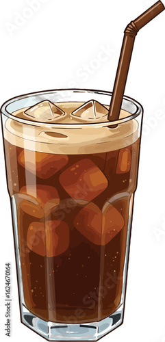 Refreshing iced coffee illustration with ice cubes and straw in a transparent glass, perfect for a cool and delicious drink presentation