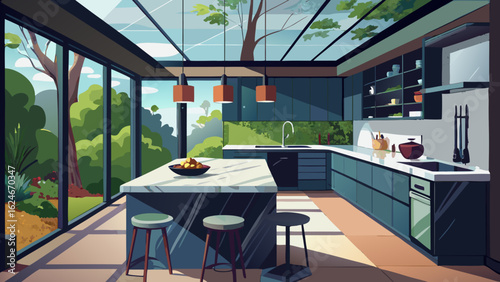 Vector art of contemporary open concept kitchen featuring a sleek island with bar stools, expansive glass windows, and a glass ceiling offering a panoramic view of the surrounding nature