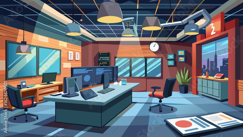 Vector art of hightech control room with multiple computer screens and workstations, symbolizing data monitoring, security operations, and modern technology