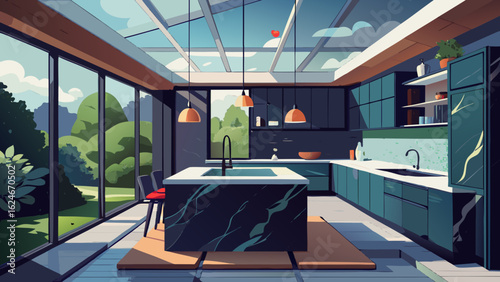 Vector art of bright and spacious modern kitchen interior featuring a central island, contemporary cabinetry, and expansive glass windows with a view of a vibrant green garden
