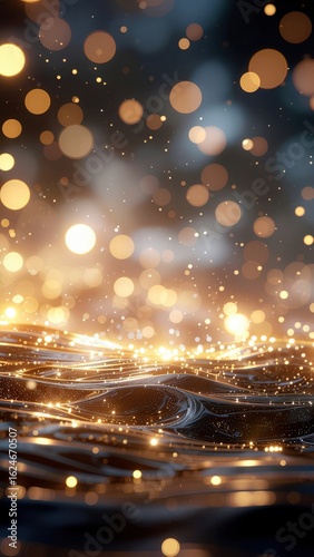 glittering water surface with golden lights reflecting off it. The bokeh effect creates a magical and dreamy atmosphere.