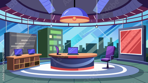 Vector art of contemporary television news studio set featuring a round desk, laptops, screens, and a panoramic cityscape view, ideal for media broadcasting
