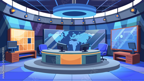 Vector art of sleek news broadcasting studio with a central oval desk, computers, large screens displaying a world map, and a modern interior design