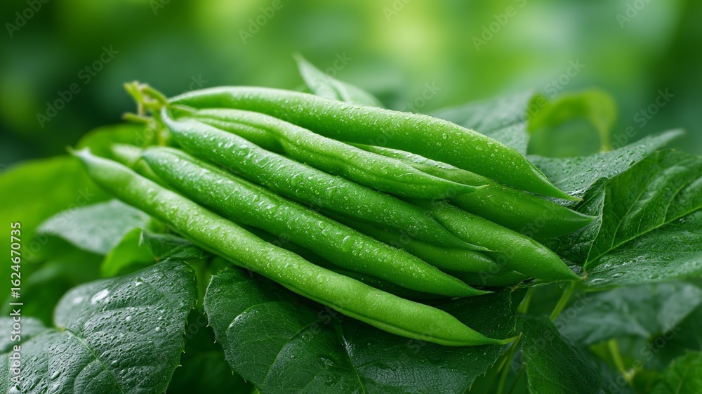 Fototapeta premium Fresh green beans with water droplets resting on lush green leaves organic