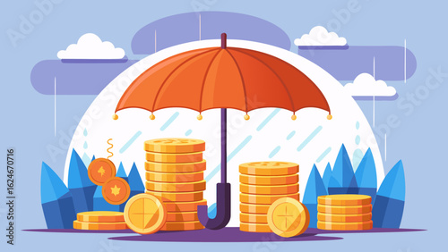 Vector art of financial security and investment growth concept with stacks of coins protected by an umbrella against a backdrop of city skyline and charts