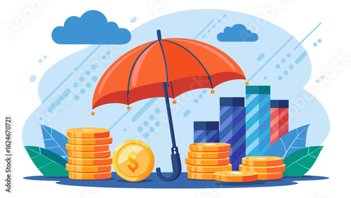 Vector art of secure your finances with an umbrella protecting stacks of coins and financial charts, representing investment safety and wealth preservation