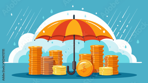 Vector art of financial security symbolized by an umbrella shielding stacks of coins from rain, signifying protection of assets and investments against economic downturns