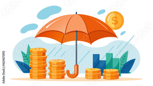 Vector art of financial protection and investment growth concept with stacks of coins under an umbrella, symbolizing security and wealth management, isolated on white background