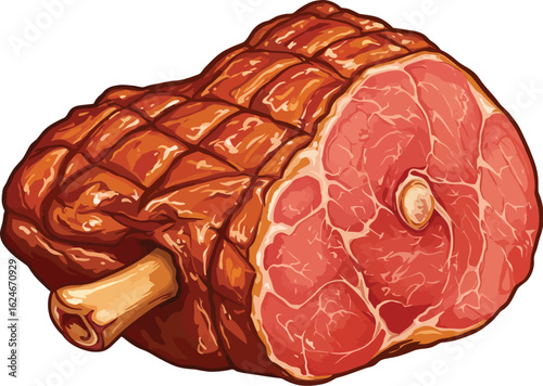Illustration of a large cooked ham with a bone, featuring a glazed and cross-hatched exterior and a detailed pink meat texture for culinary projects.