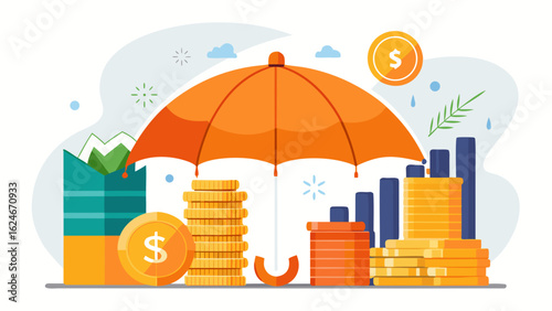 Vector art of financial protection and security symbolized by an umbrella shielding stacks of coins and financial growth charts, representing investment safety and wealth management strategies