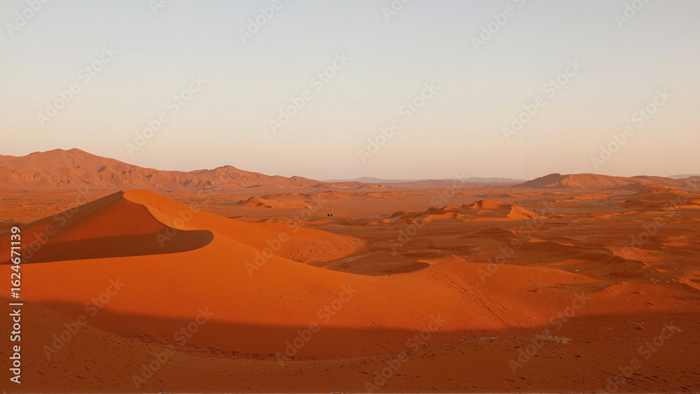 Fototapeta premium Vast desert landscape with sand dunes at golden hour. A breathtaking panoramic view of a vast desert landscape during golden hour. Smooth sand dunes cast long shadows under warm sunlight