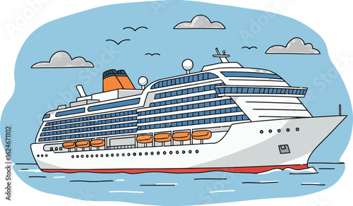 Illustration of a large cruise ship sailing on a calm sea with clouds and birds in the sky, conveying travel and vacation