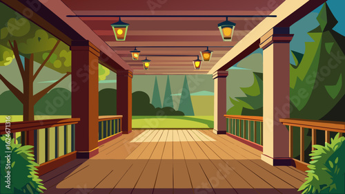Vector art of a wooden porch or deck with railings and hanging lanterns, offering a view of a garden and trees, creating a serene outdoor living space