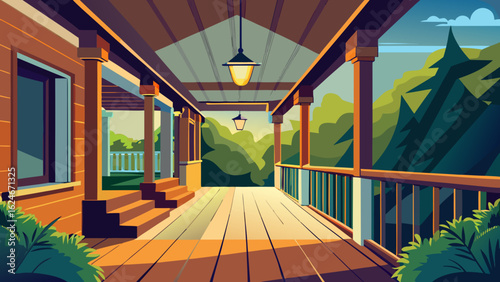 Vector art of a welcoming wooden porch with a view of lush green trees and rolling hills under a bright sky with sunlight casting shadows on the deck